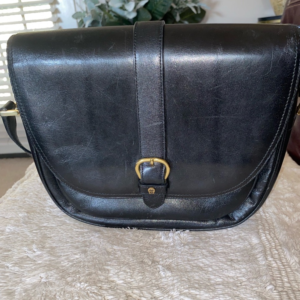 Etienne Aigner Black Leather Messenger Bag with Gold Buckle